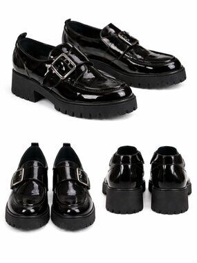 Marc Fisher Hazelton Loafers Black Patent Lug Sole Buckle Shoes Size 11M Preppy